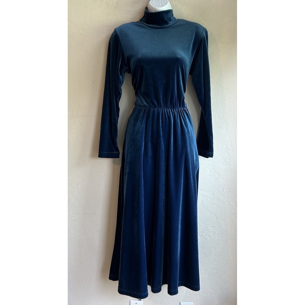 Vintage 90s Willow Ridge Blue Velvet Midi Dress M Romantic Jewel Retro High Neck